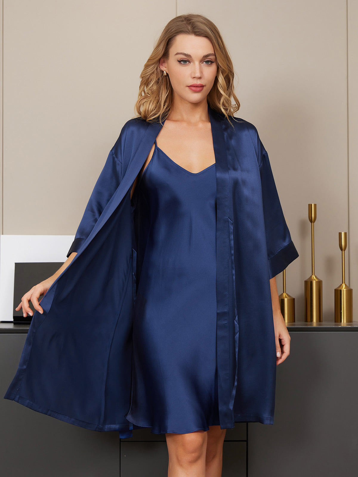 [Tummansininen] SilkSilky-FI Nightgown&Robe Set 005
