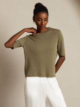 [Poltettu Oliivi] SilkSilky-FI Half Sleeve Crew Neck Naisten T-paita 008