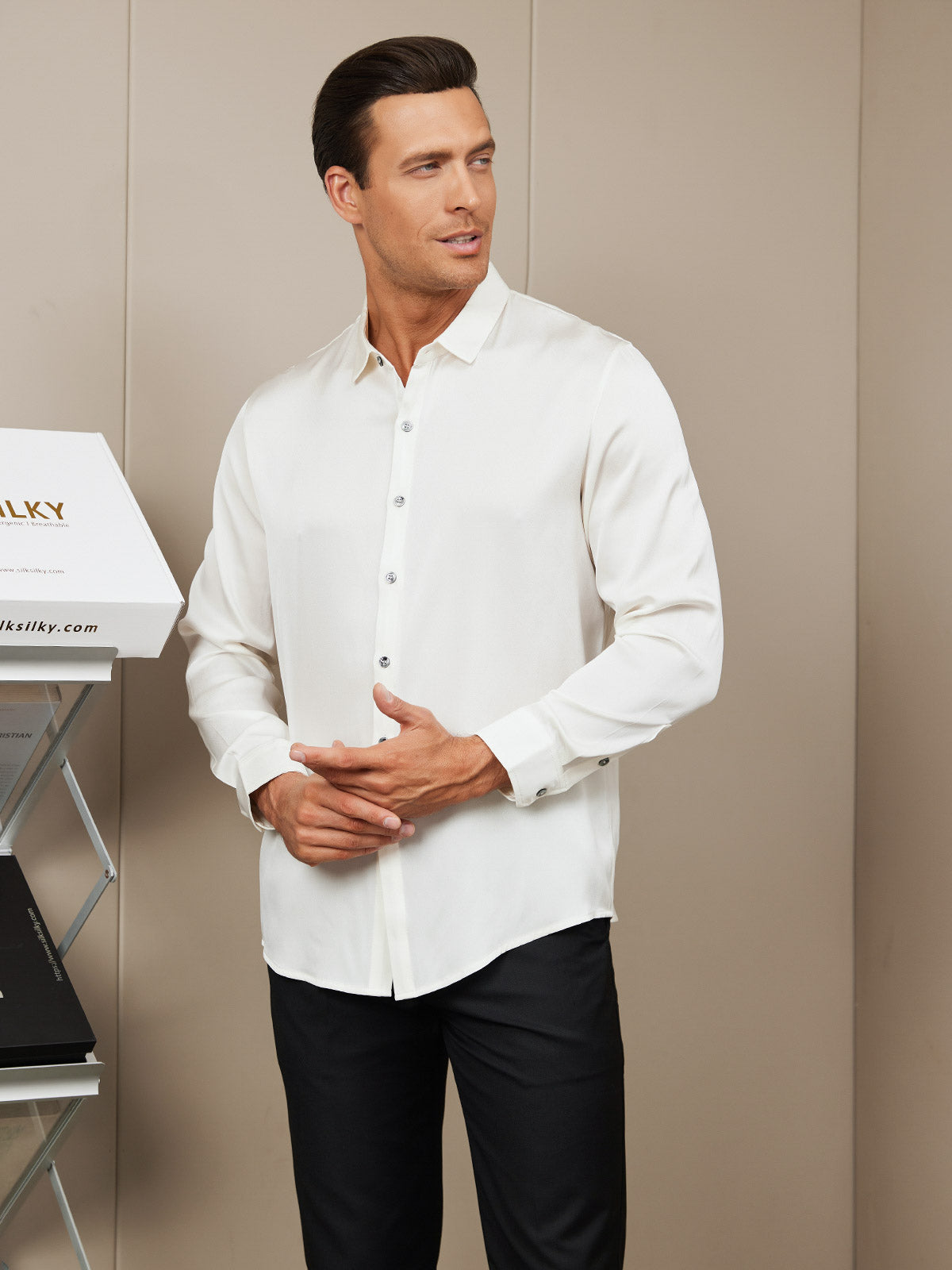[Valkoinen] SilkSilky-FI Silk Long Sleeve Collar Miesten Paita 003