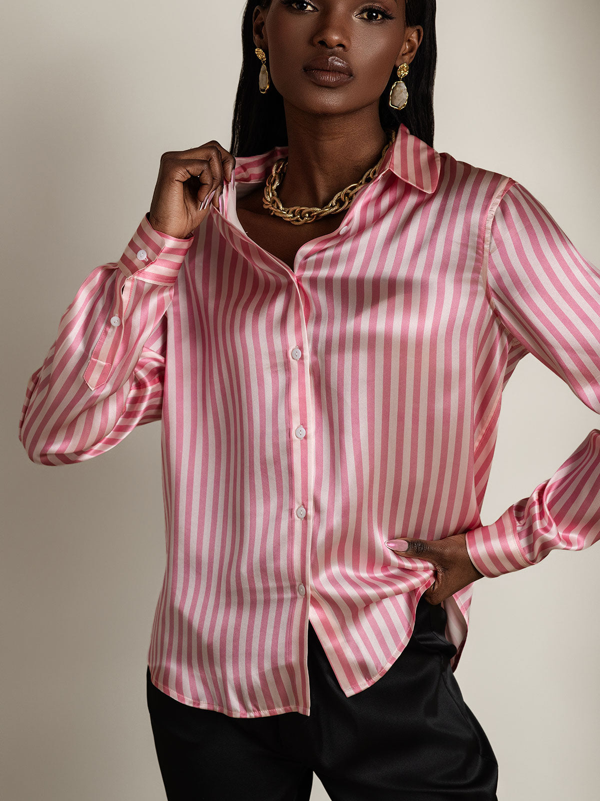 [Pinkki] SilkSilky-FI Lapel Collar Naisten paita 003