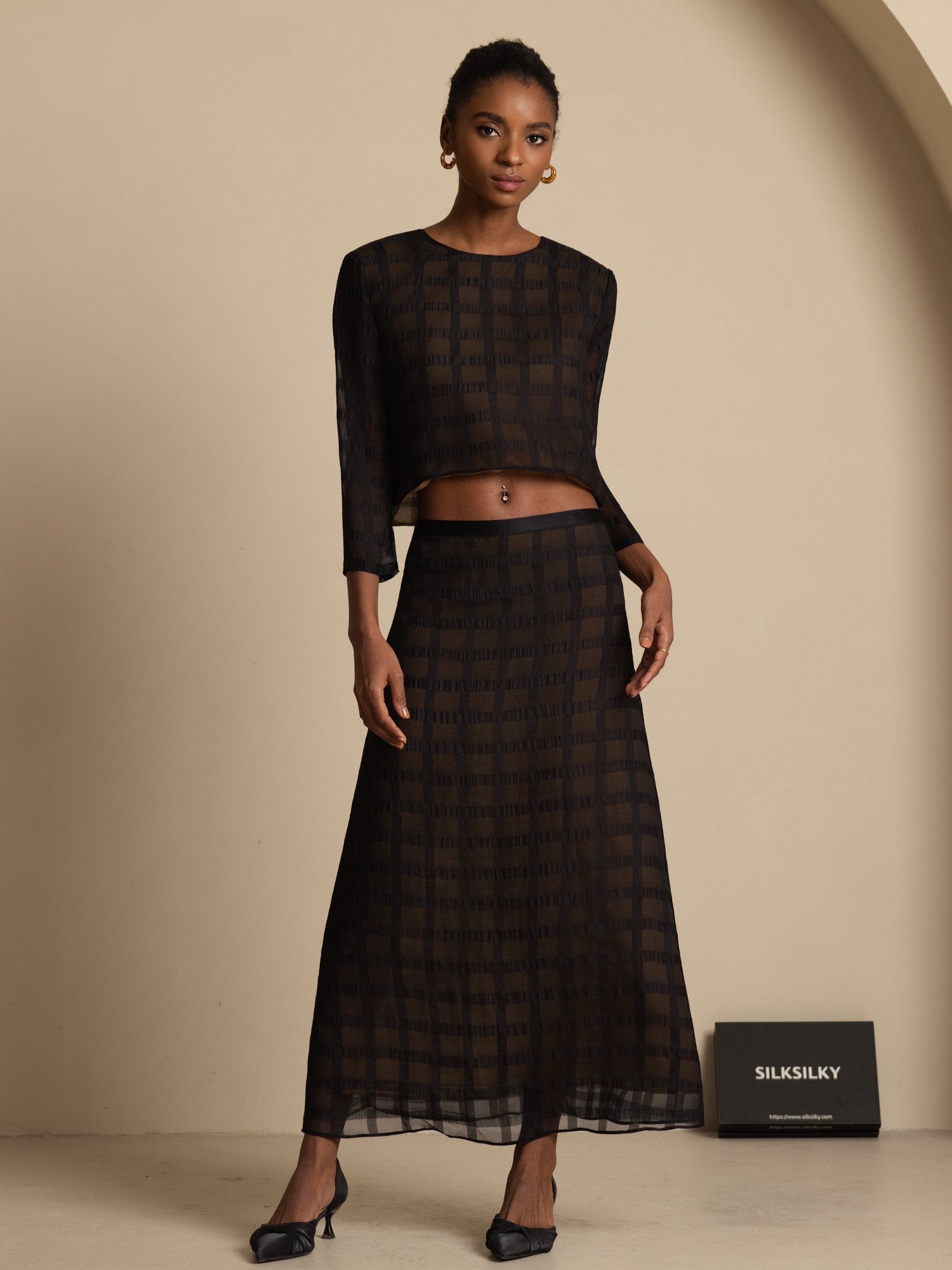 [Musta] SilkSilky-FI Puhdasta Silkkiä Pitkähihainen Pyöreä Pääntie Women''s Outfit Sets 003