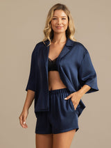 [Tummansininen] SilkSilky-FI 19Momme Puolihiha Notkokaulus Naisten Pyjamat 003