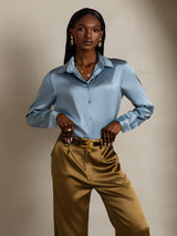 [Harmaansininen] SilkSilky-FI Long Sleeve Lapel Collar Naisten paita 003