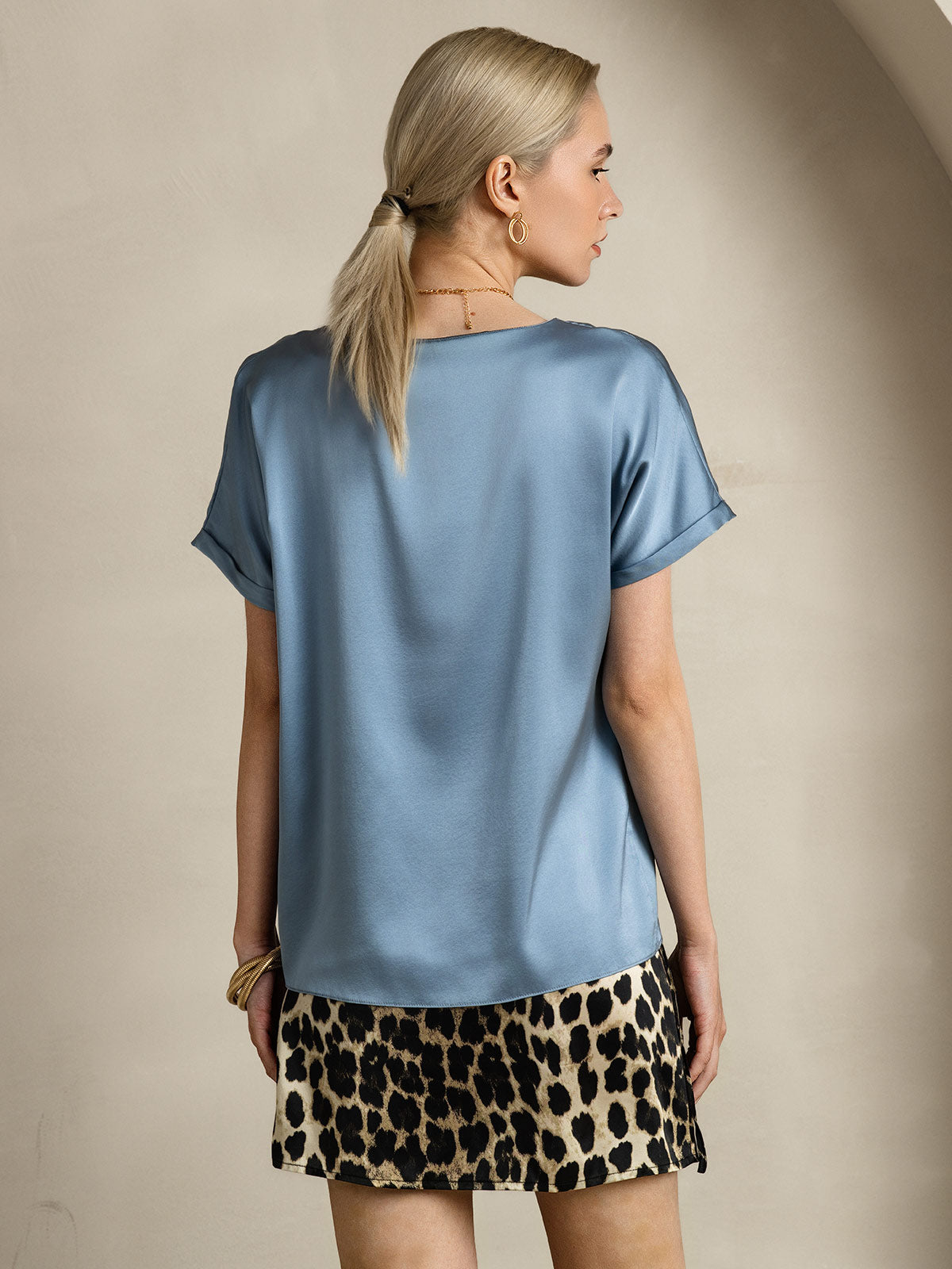 [Harmaansininen] SilkSilky-FI 19Momme Silk Short Sleeve Round Neck Naisten T-paita 002