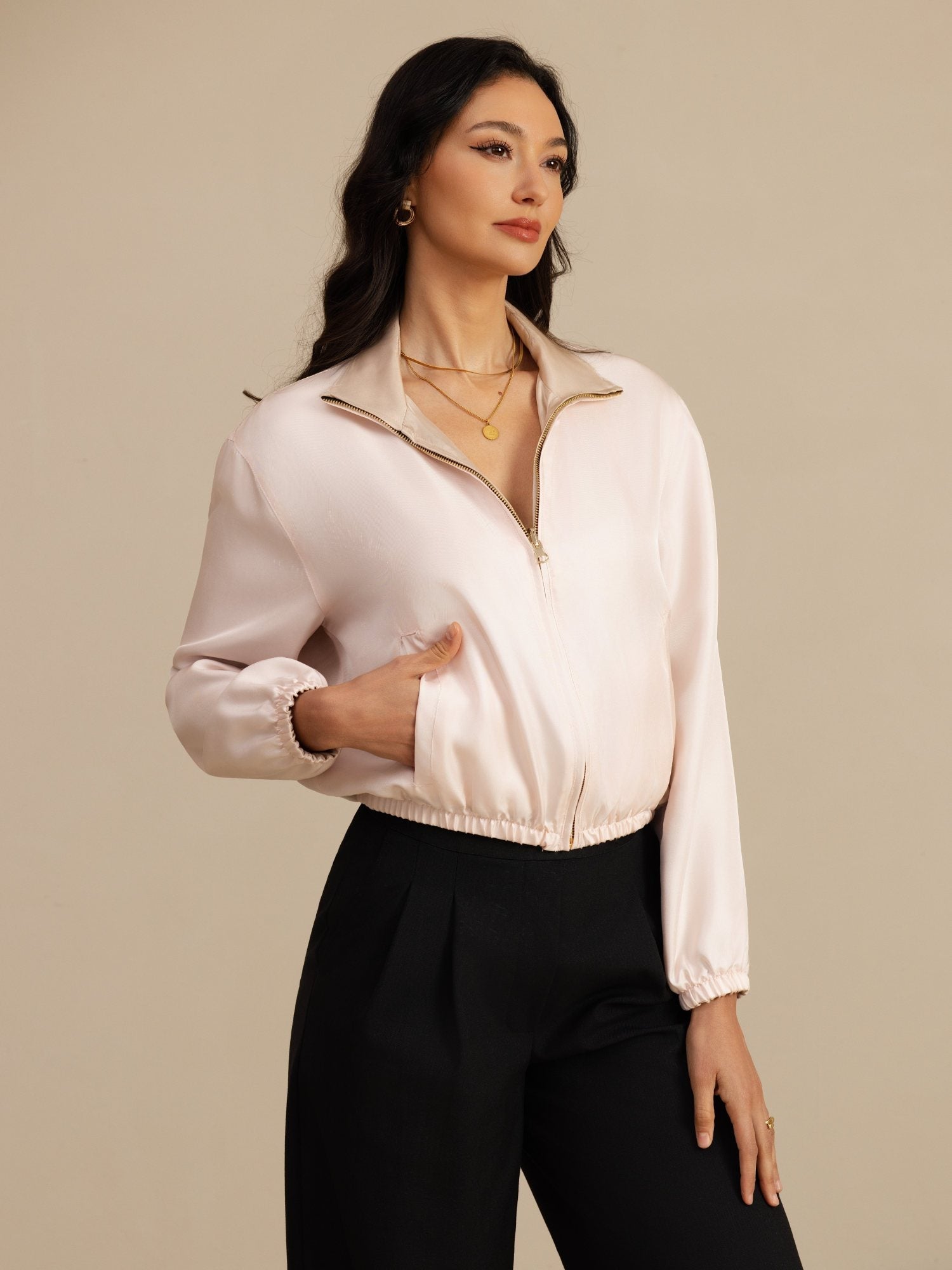 [Tan+Pinkki] SilkSilky-FI 18Momme Pitkähihainen Pystykaulus Naisten Päällysvaatteet 005