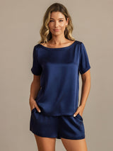 [Tummansininen] SilkSilky-FI 19Momme Lyhythihainen Pyöreä Pääntie Naisten Pyjamat 001