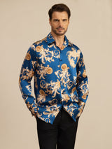 [Navy Lohikäärme] SilkSilky-FI Long Sleeve Lapel Collar Miesten Paita 003