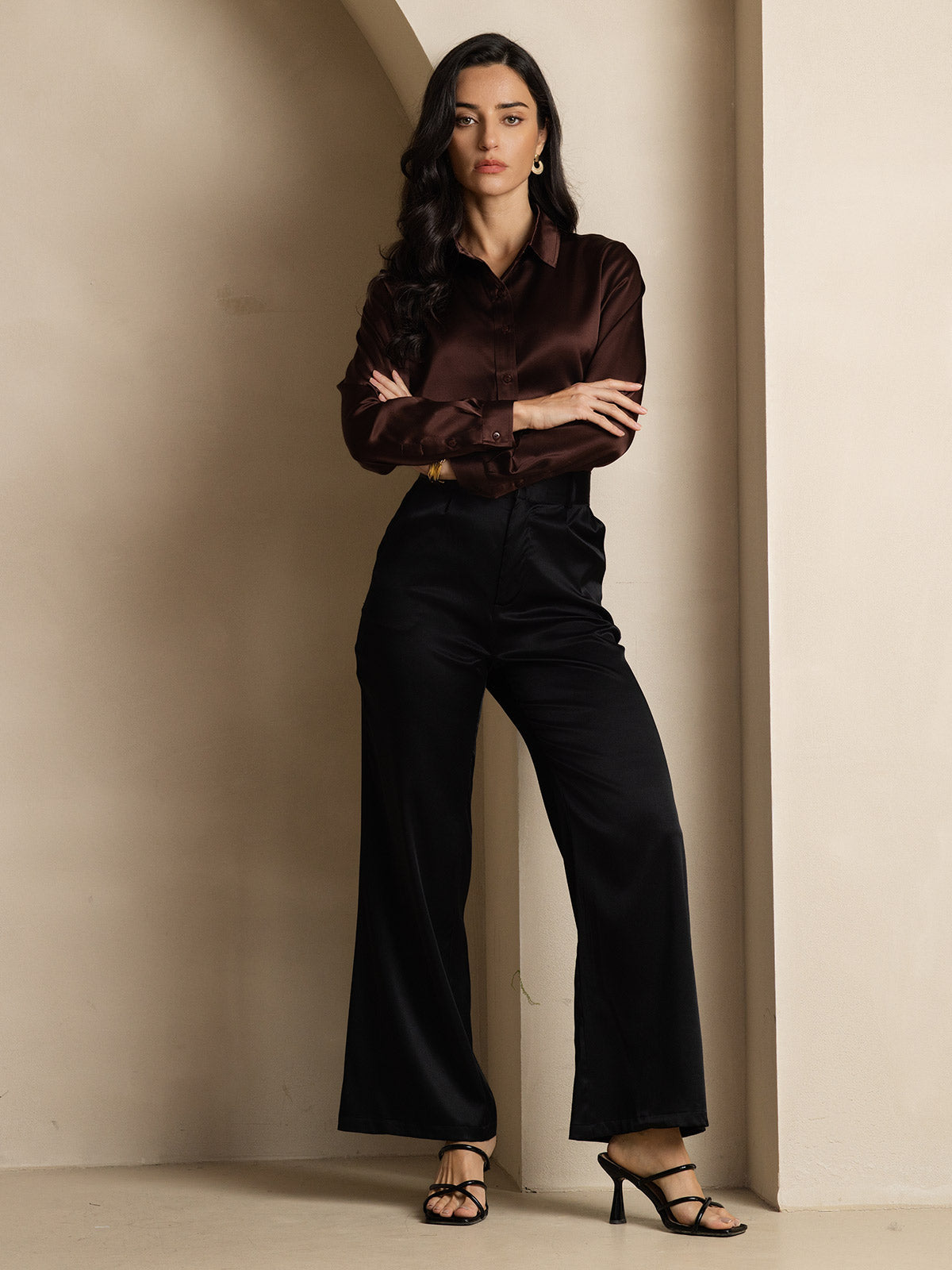 [Kahvi] SilkSilky-FI 19Momme Silk Long Sleeve Collar Naisten paita 008