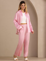 [Vaaleanpunainen Liituraita] SilkSilky-FI Long Sleeve Lapel Collar Women's Outfit Sets 003