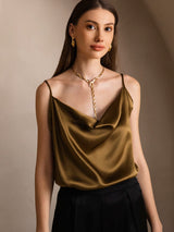 [Ruskea] SilkSilky-FI Spaghetti Strap Cowl Neck Camisole Top 003