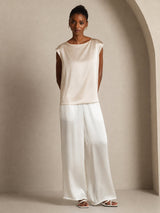 [Beige] SilkSilky-FI Cap Sleeve Round Neck Naisten T-paita 004
