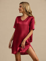 [Tummanpunainen] SilkSilky-FI Half Sleeve V Neck Yöpaita 005