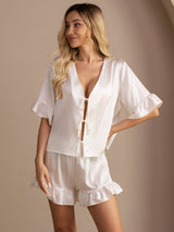 [Valkoinen] SilkSilky-FI Short Sleeve V Neck Naisten Pyjamat 001