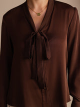 [Tumma Suklaa] SilkSilky-FI Long Sleeve Tie Neck Naisten Puserot 004