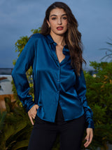 [Sinivihreä] SilkSilky-FI Long Sleeve Lapel Collar Naisten paita 006