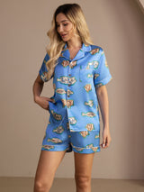 [Sininen Kala] SilkSilky-FI Short Sleeve Lapel Collar Naisten Pyjamat 004