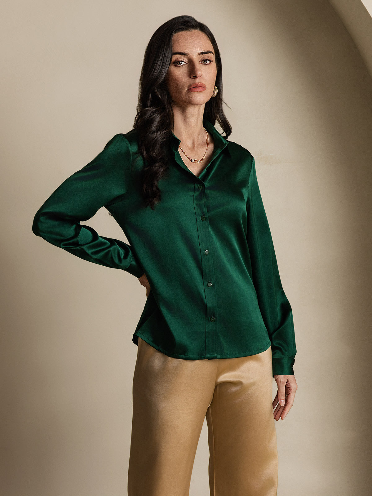 [Tummanvihreä] SilkSilky-FI 19Momme Silk Long Sleeve Collar Naisten paita 001