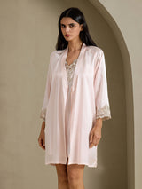 [Pinkki] SilkSilky-FI 3/4 Sleeve V Neck Yöpaita ja Aamutakkisetti 003