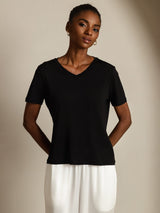 [Musta] SilkSilky-FI Short Sleeve V Neck Naisten T-paita 001