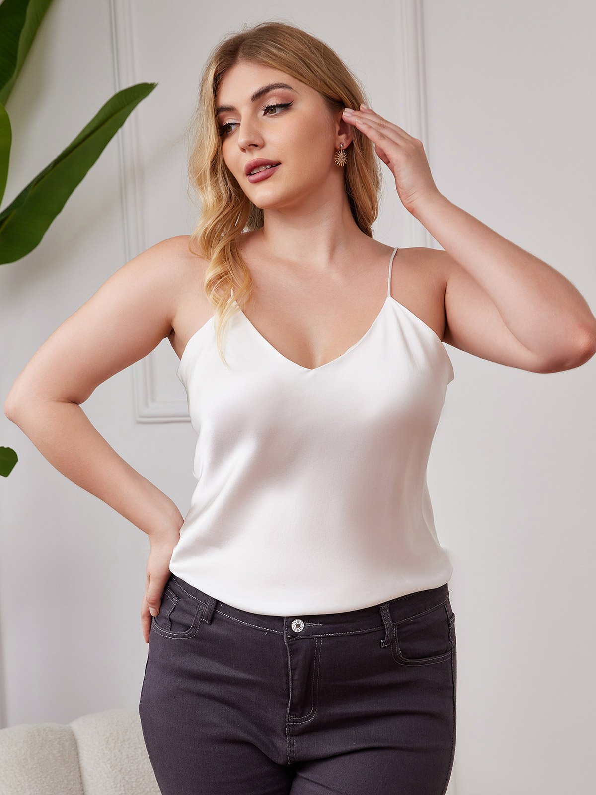[Valkoinen] SilkSilky-FI Pure Silk Deep V Neck Plus-koon Camisole Top 003
