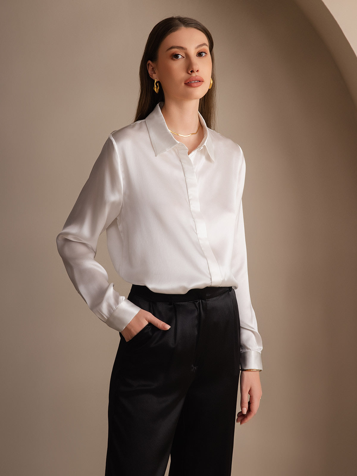 [Valkoinen] SilkSilky-FI 19Momme Lapel Collar Naisten paita 003