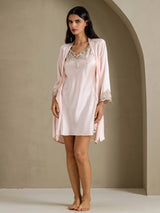 [Pinkki] SilkSilky-FI 3/4 Sleeve V Neck Yöpaita ja Aamutakkisetti 009