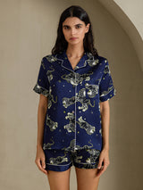 [Laivastonsininen Leijona] SilkSilky-FI Short Sleeve Notch Collar Naisten Pyjamat 001