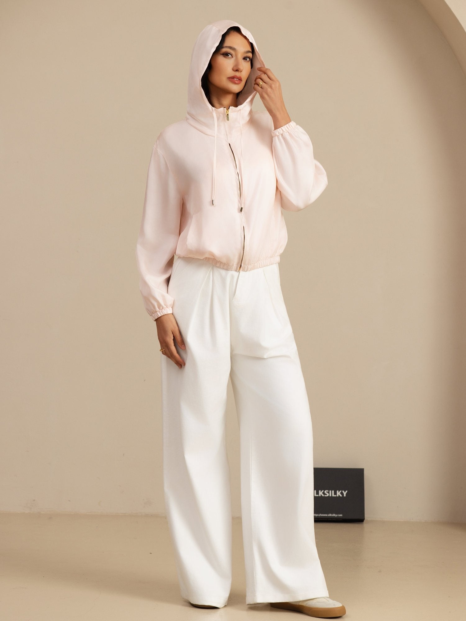 [Pinkki] SilkSilky-FI 18Momme Pitkähihainen Pystykaulus Naisten Päällysvaatteet 007