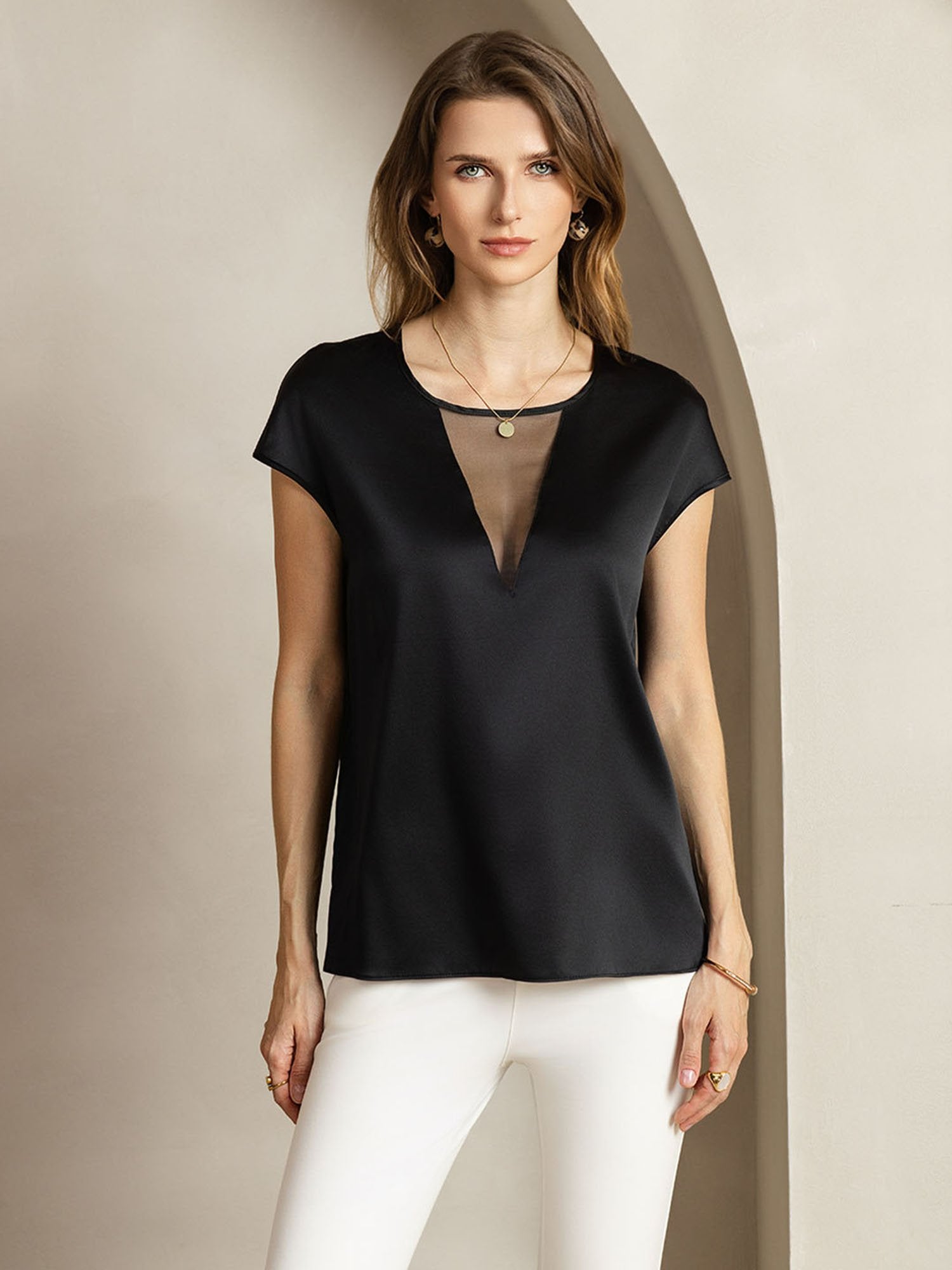 [Musta] SilkSilky-FI 19Momme Halter Neck Naisten T-paita 001