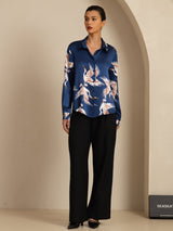 [Tummansininen] SilkSilky-FI Long Sleeve Lapel Collar Naisten paita 008