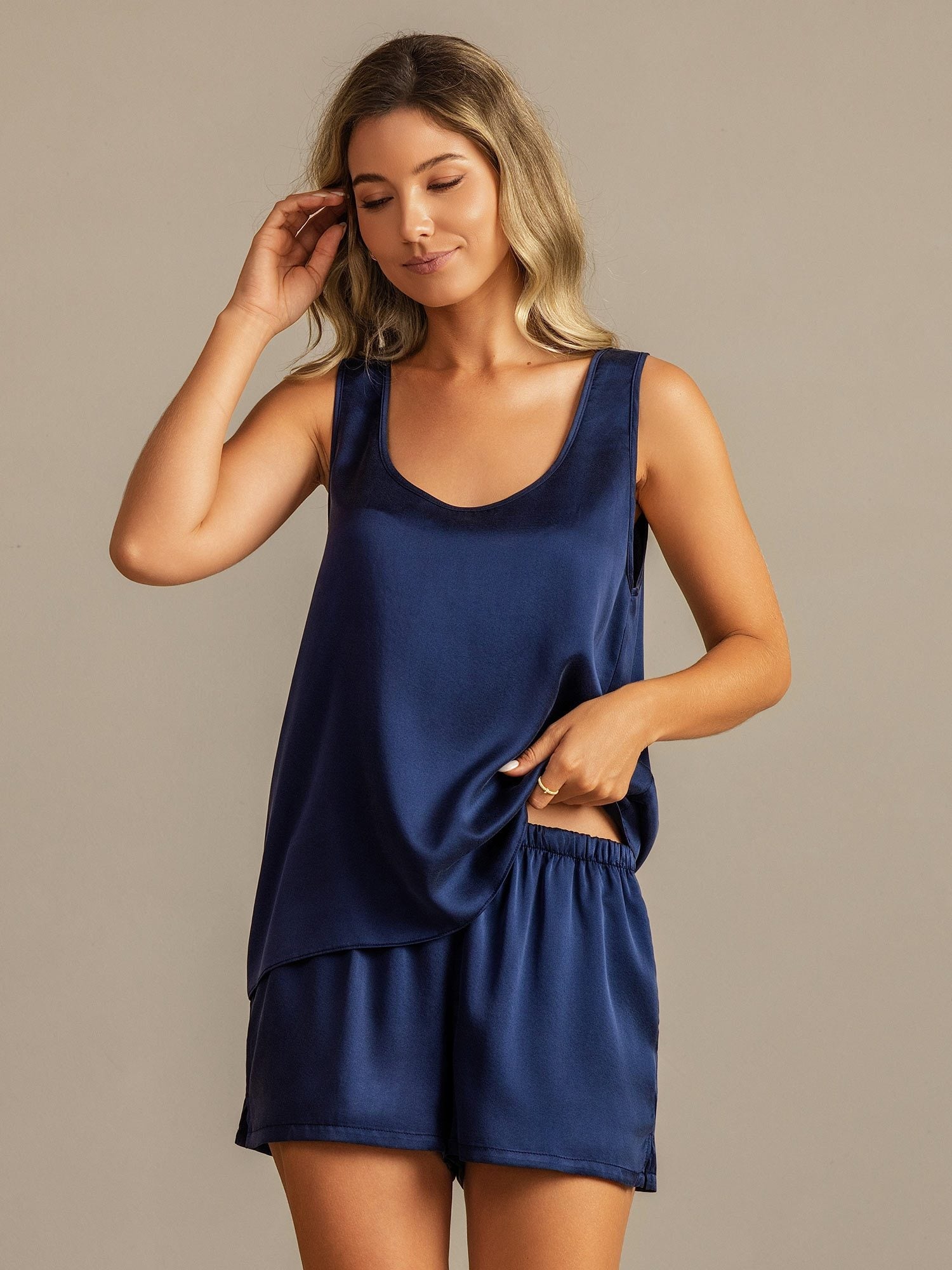 [Tummansininen] SilkSilky-FI 19Momme Womens Pajamas 007