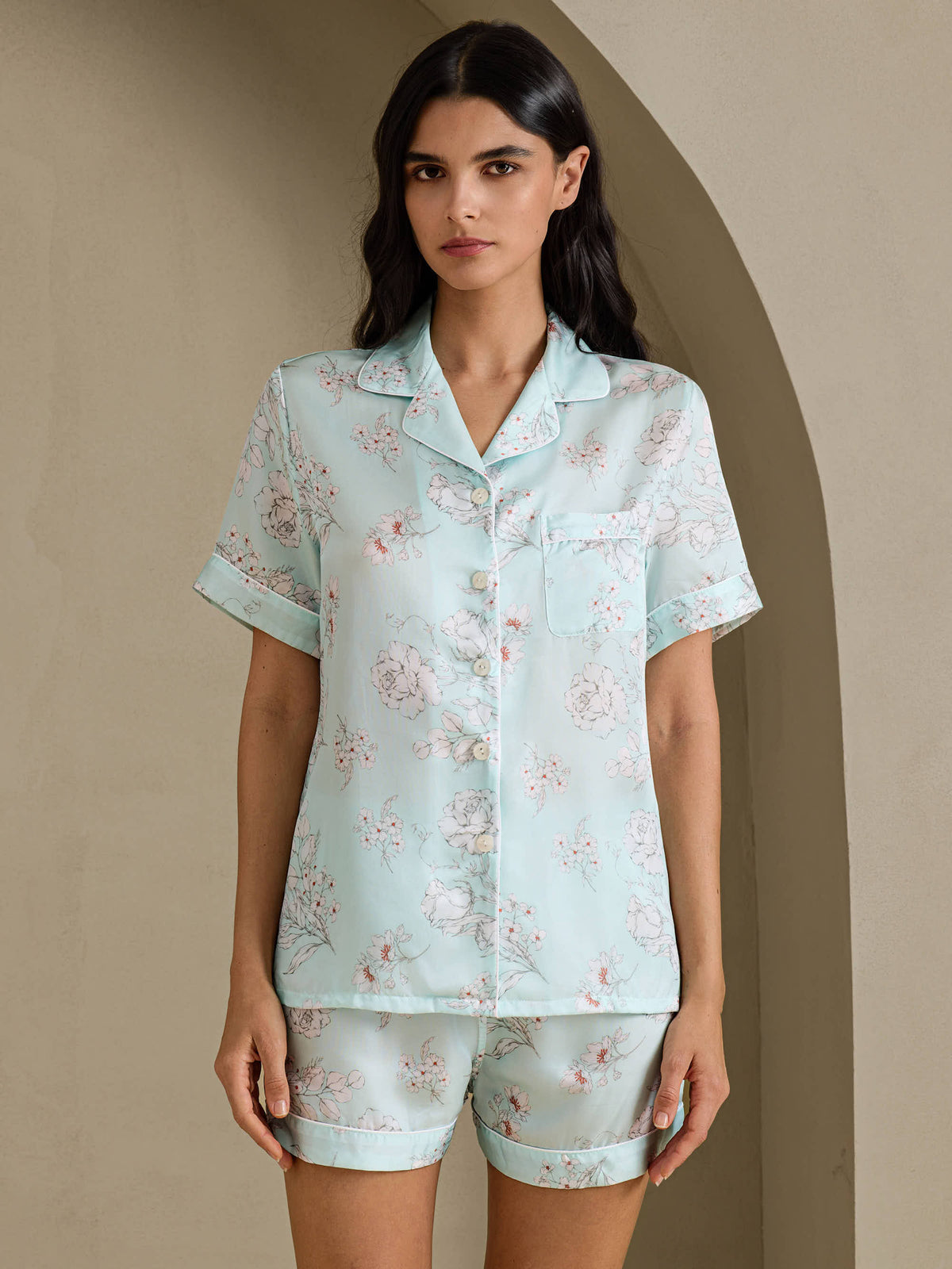 [Taivaansiniset Kukat] SilkSilky-FI Short Sleeve Notch Collar Naisten Pyjamat 001