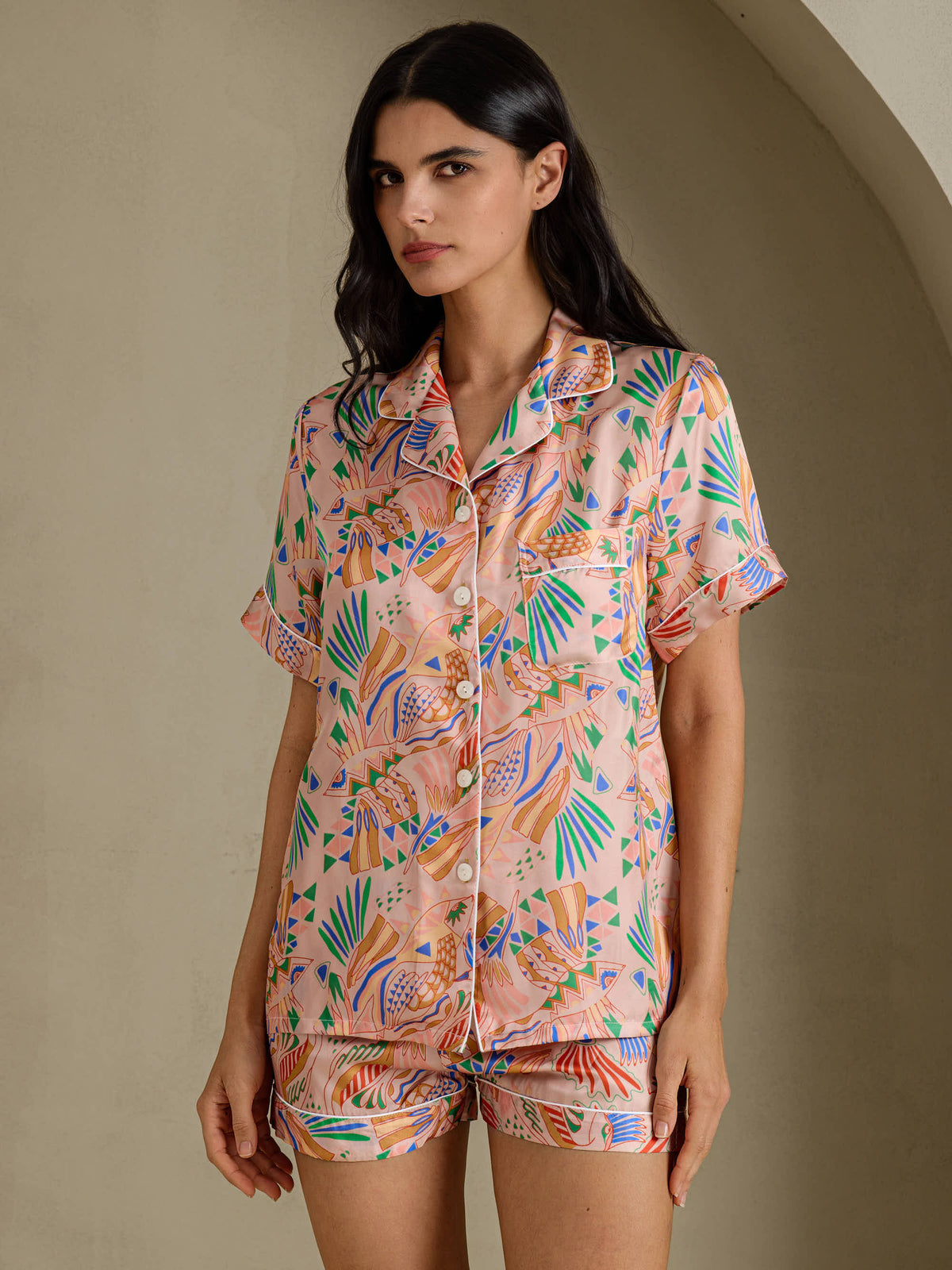 [Vaaleanpunainen Fauna] SilkSilky-FI Short Sleeve Notch Collar Naisten Pyjamat 001