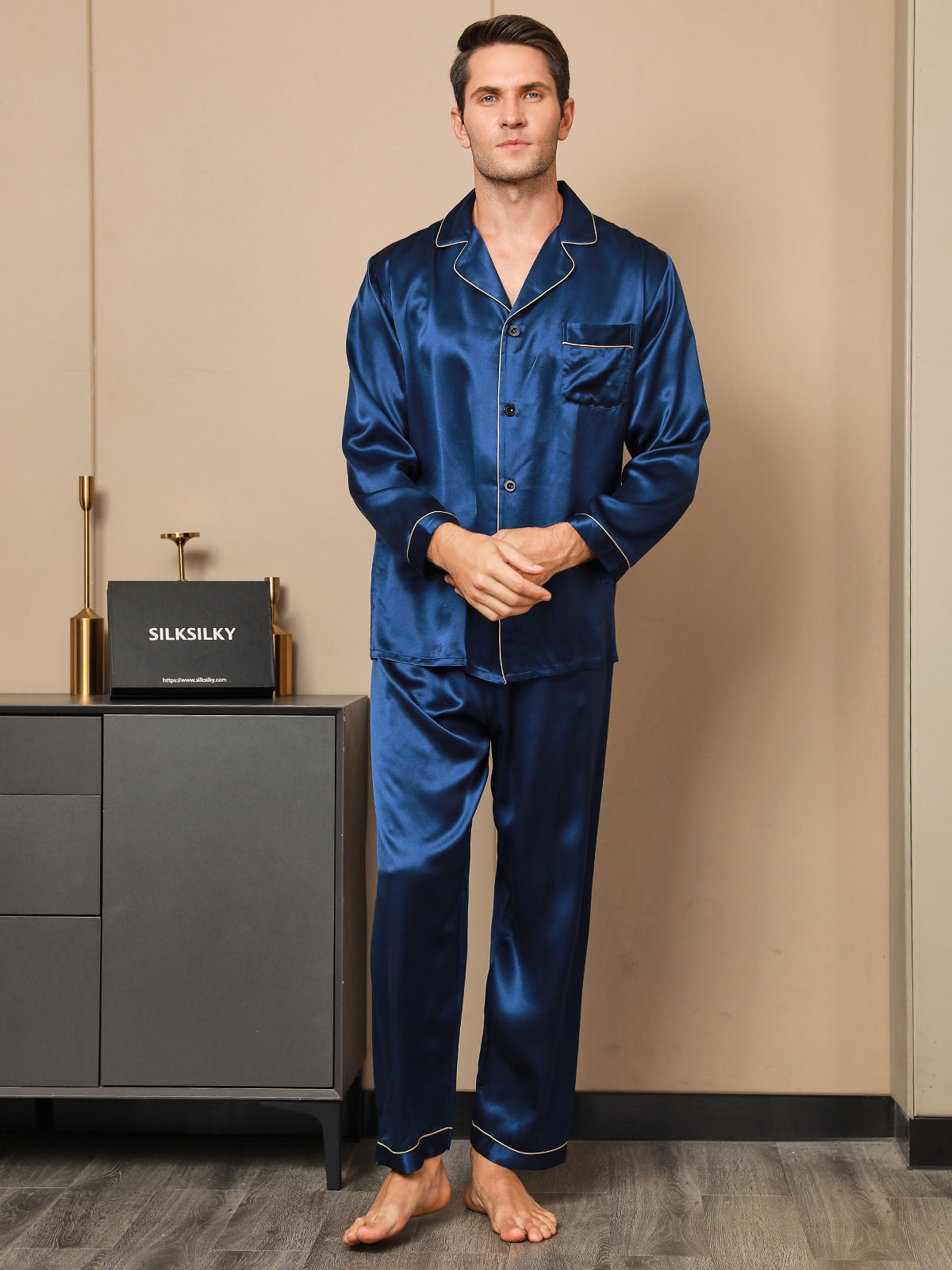 [Tummansininen] SilkSilky-FI 19Momme Mens Pajamas 004