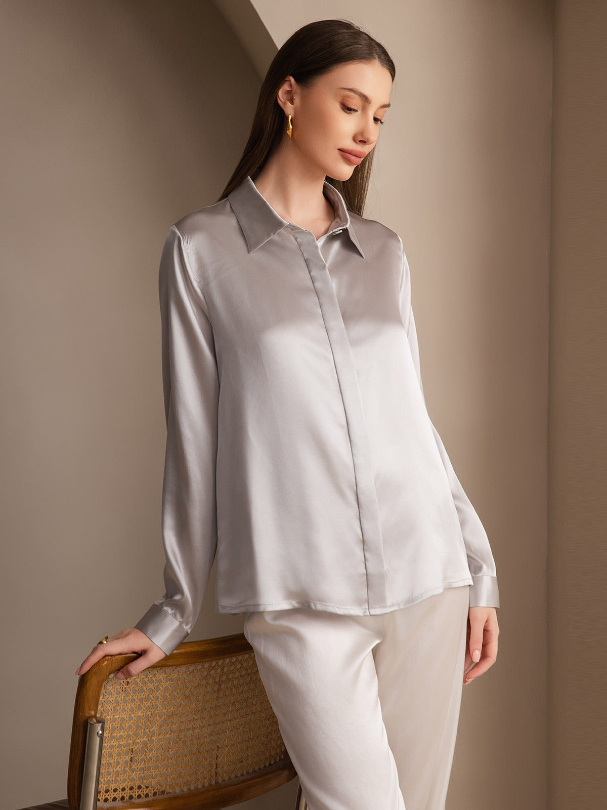 [Vaalean Harmaa] SilkSilky-FI 19Momme Lapel Collar Naisten paita 007