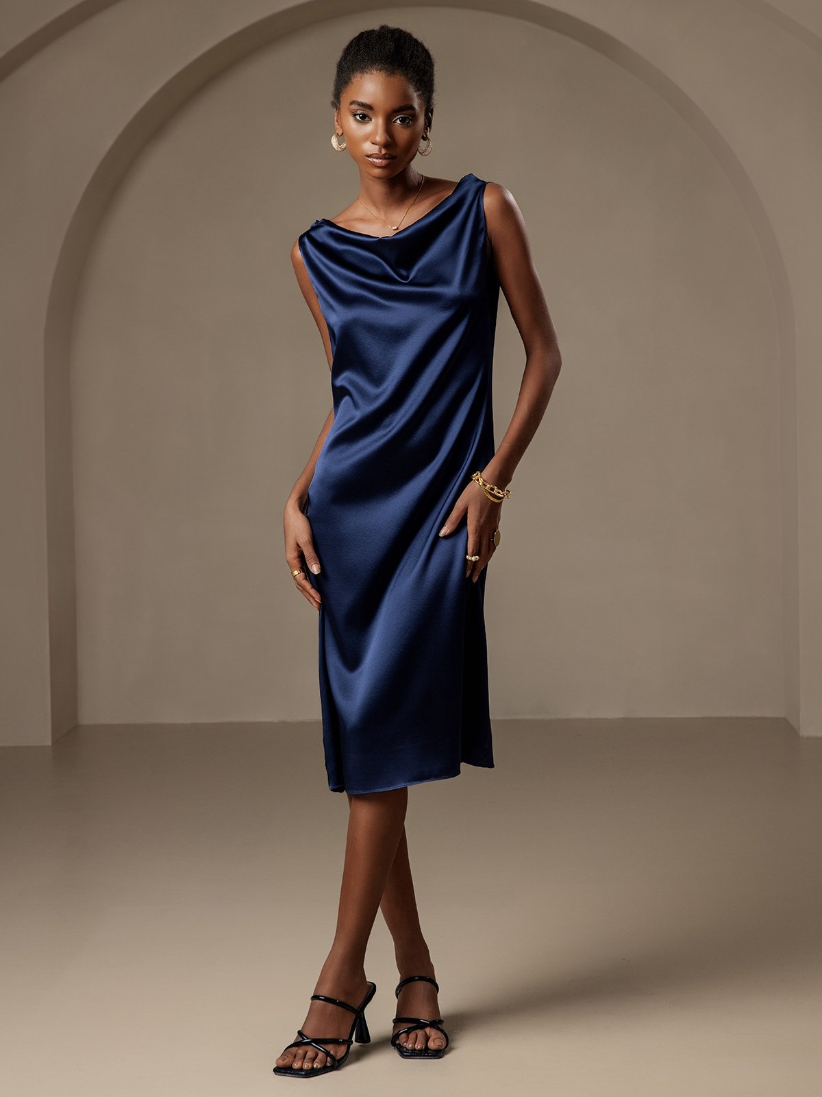 [Tummansininen] SilkSilky-FI 19Momme Mekko 001