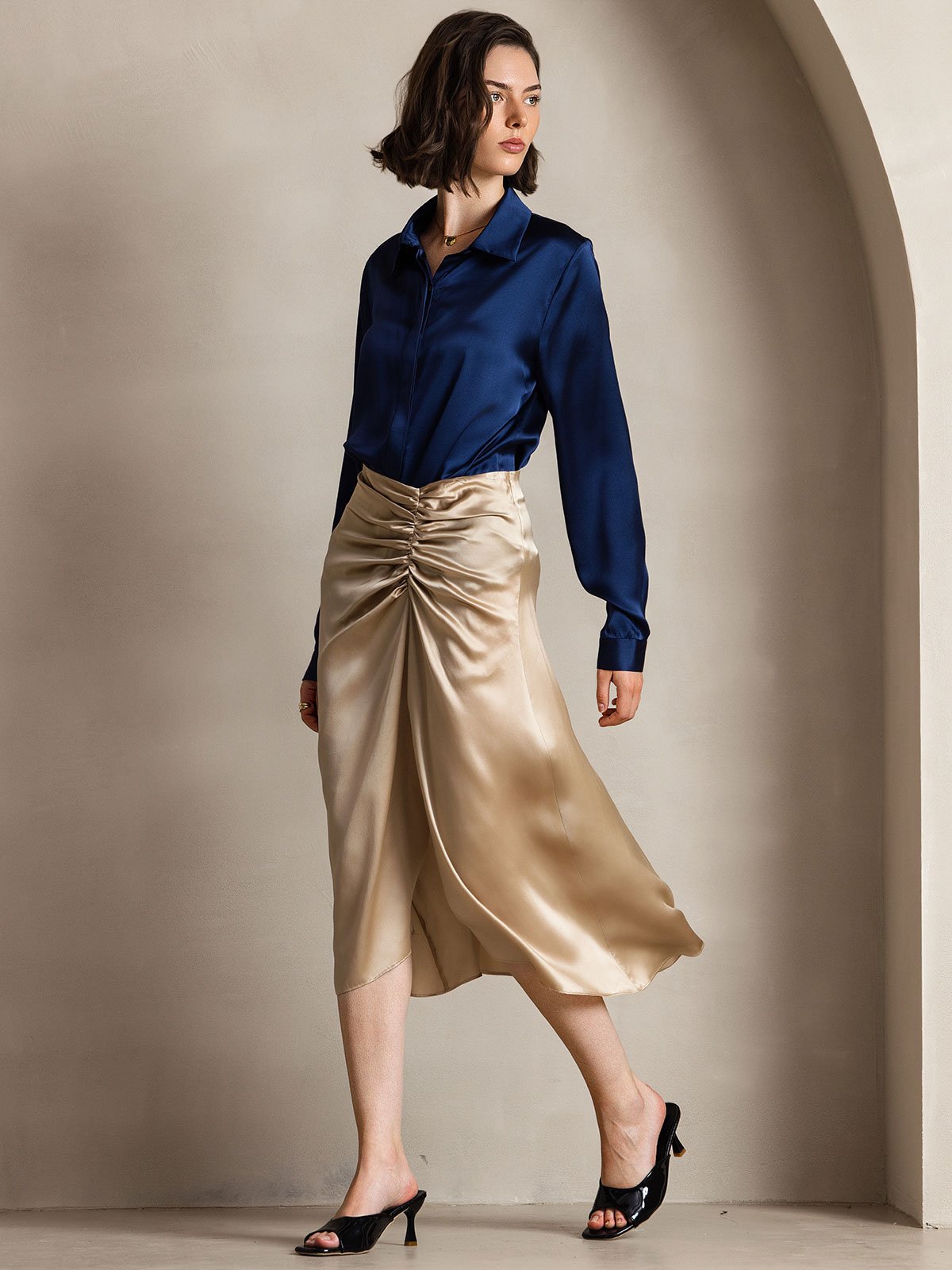 [Tummansininen] SilkSilky-FI 19Momme Womens Shirt 006