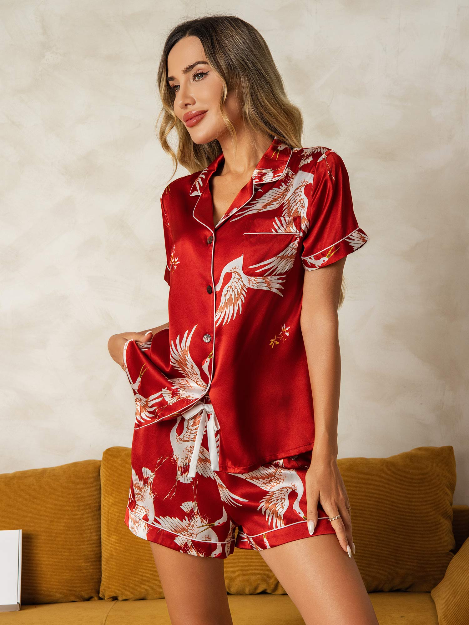 [Tummanpunainen] SilkSilky-FI 19Momme Womens Pajamas 005