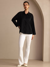 [Musta] SilkSilky-FI Long Sleeve Lapel Collar Pusero 006