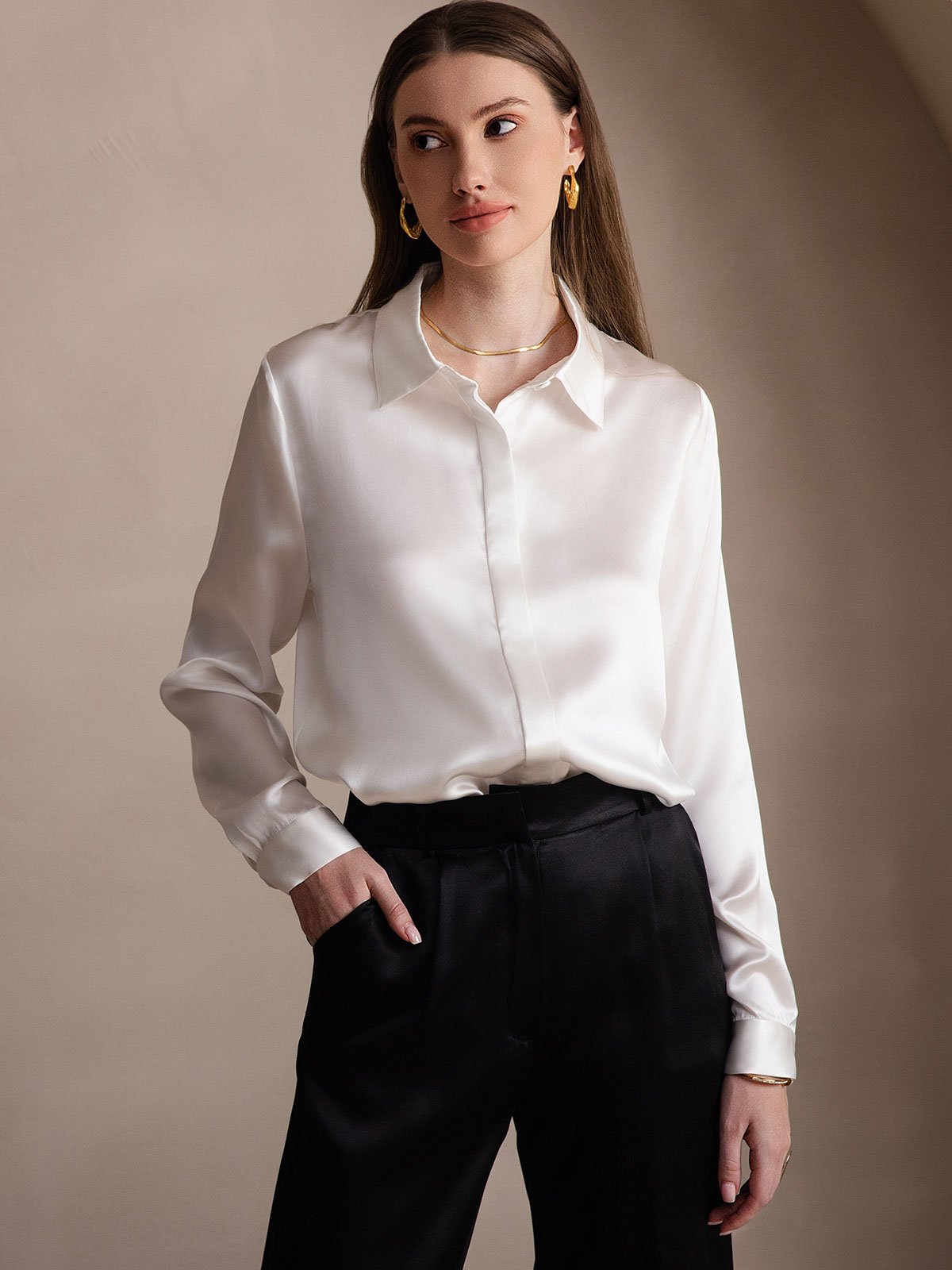 [Valkoinen] SilkSilky-FI 19Momme Womens Shirt 005