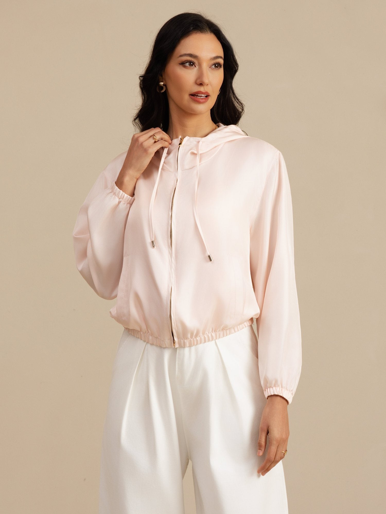 [Pinkki] SilkSilky-FI 18Momme Pitkähihainen Pystykaulus Naisten Päällysvaatteet 004