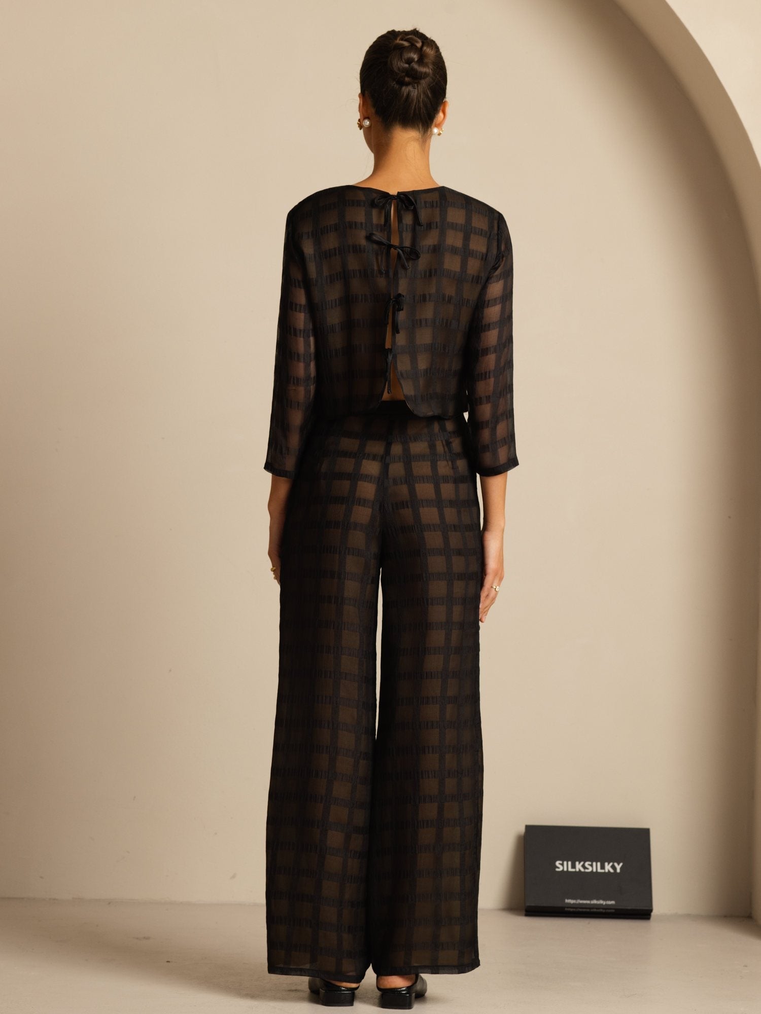 [Musta] SilkSilky-FI Puhdasta Silkkiä Pitkähihainen Pyöreä Pääntie Women''s Outfit Sets 002