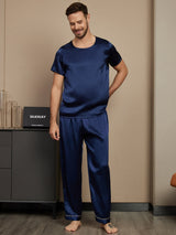 [Tummansininen] SilkSilky-FI Pure Silk Short Sleeve Round Neck Miesten Pyjamat 001