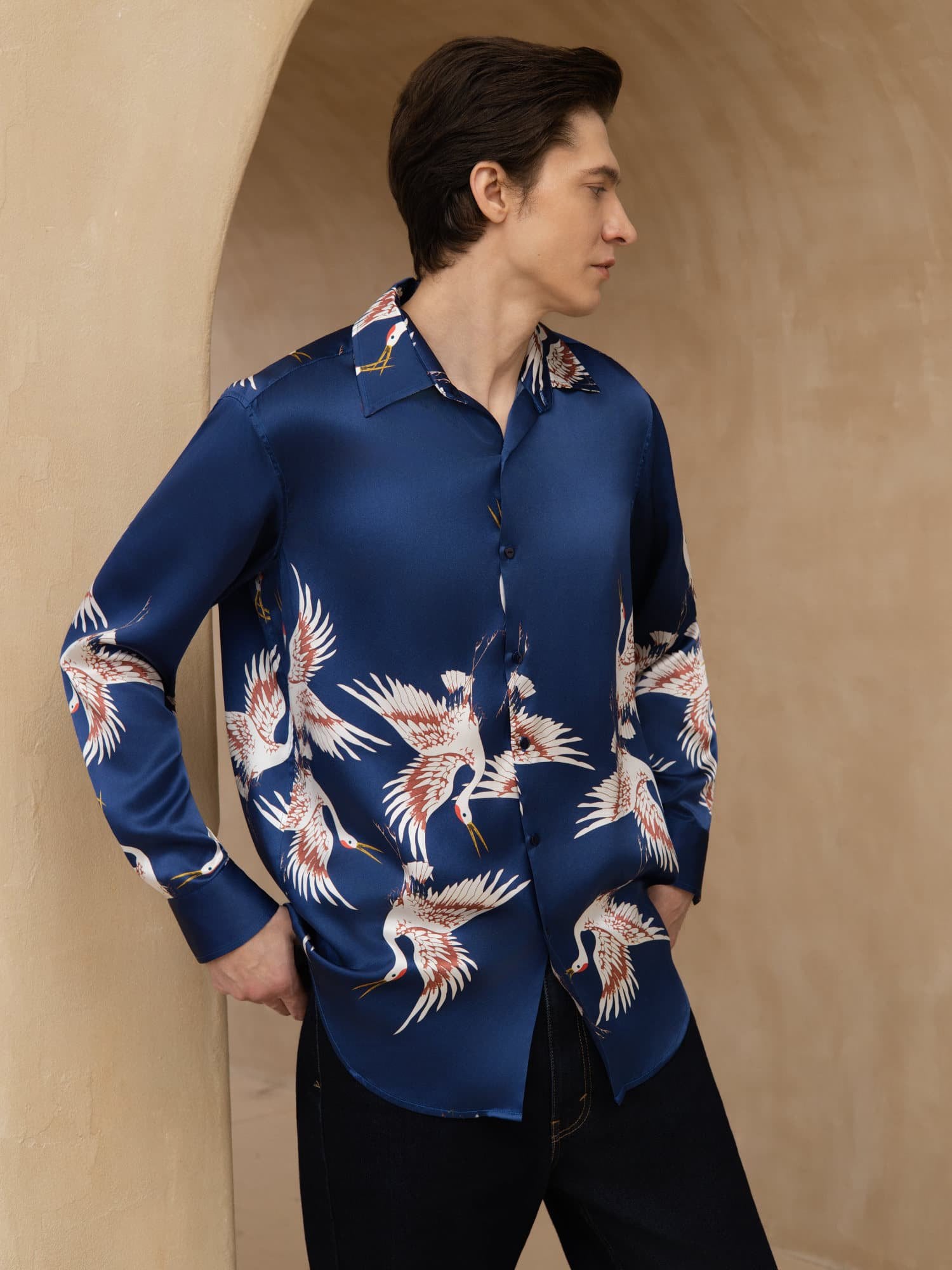 [Tummansininen] SilkSilky-FI 19Momme Pitkähihainen Kauluskäänne Miesten Paita 001