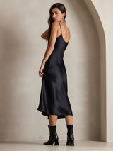 [Musta] SilkSilky-FI Spaghetti Strap V Neck Mekko 002