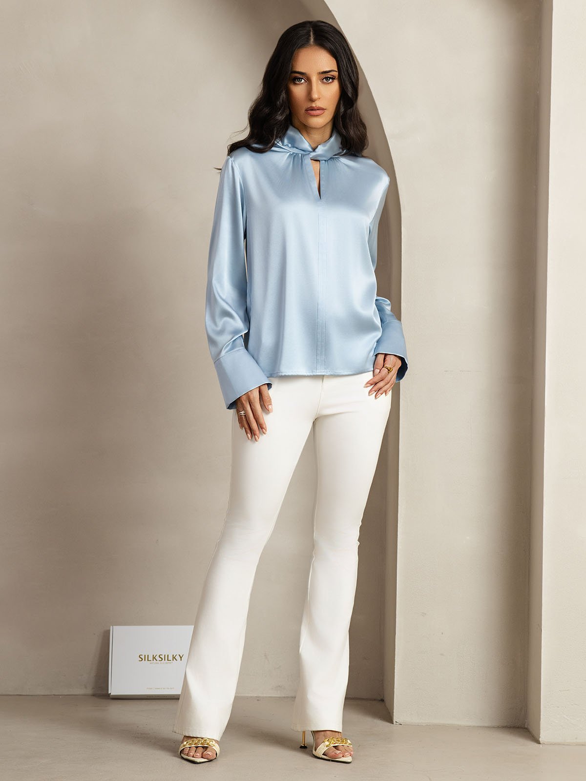 [Harmaansininen] SilkSilky-FI 19Momme Womens Shirt 011