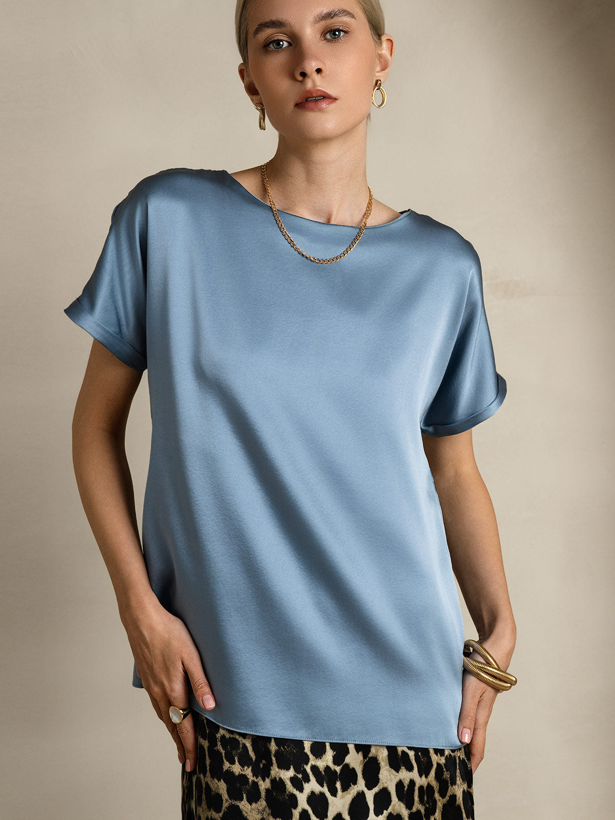 [Harmaansininen] SilkSilky-FI 19Momme Silk Short Sleeve Round Neck Naisten T-paita 005