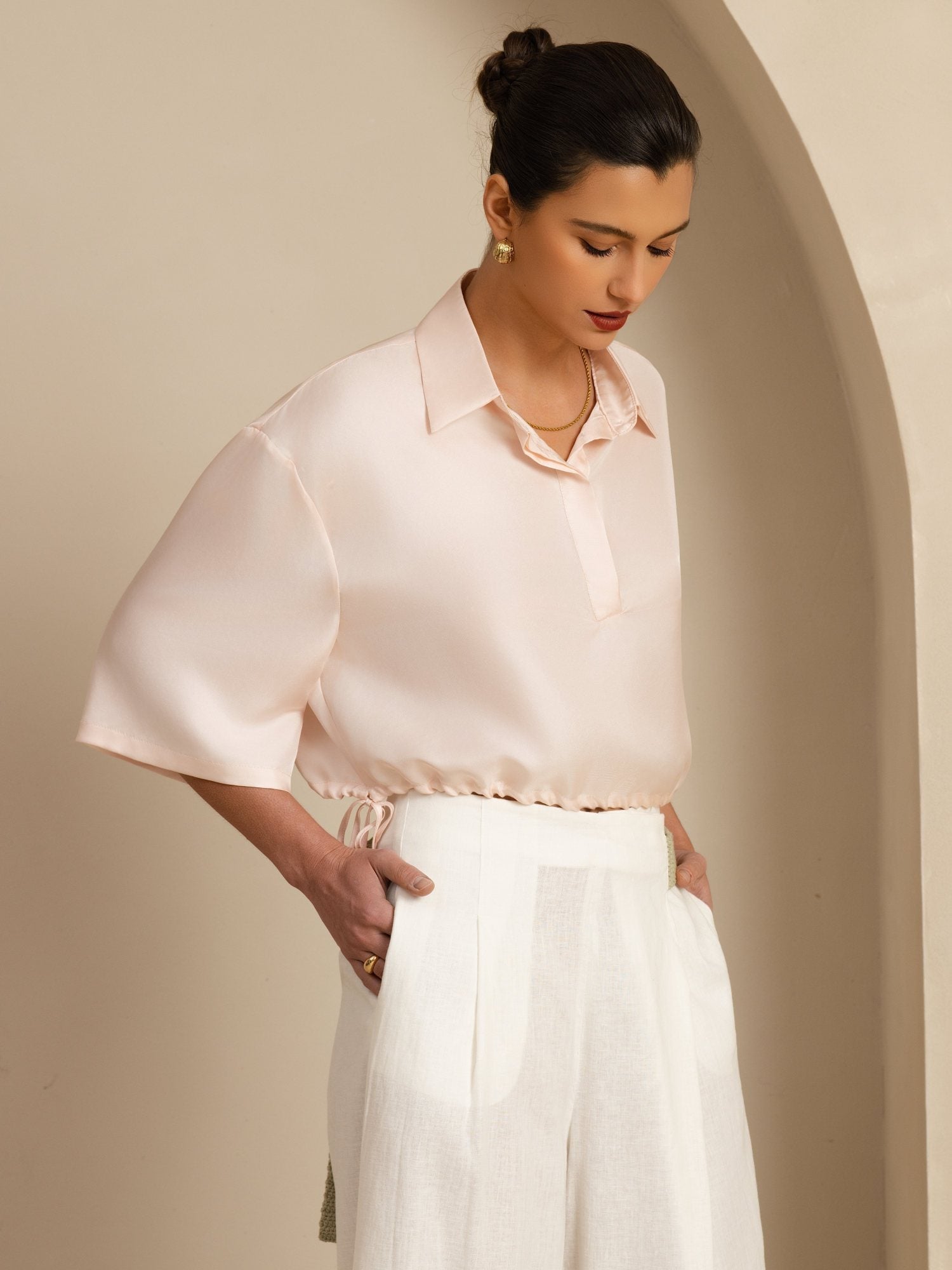 [Pinkki] SilkSilky-FI 18Momme Puolihiha Kauluskäänne Pusero 005