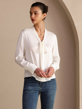 [Valkoinen] SilkSilky-FI Long Sleeve Tie Neck Naisten Puserot 005