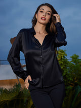 [Musta] SilkSilky-FI Long Sleeve Lapel Collar Naisten paita 005